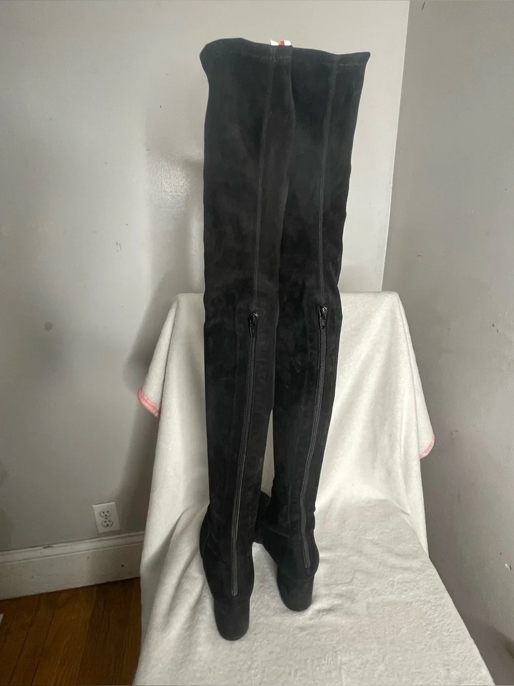 VALENTINO GARAVANI Black Suede Over The Knee Block Heel Boots Women Size 38.5